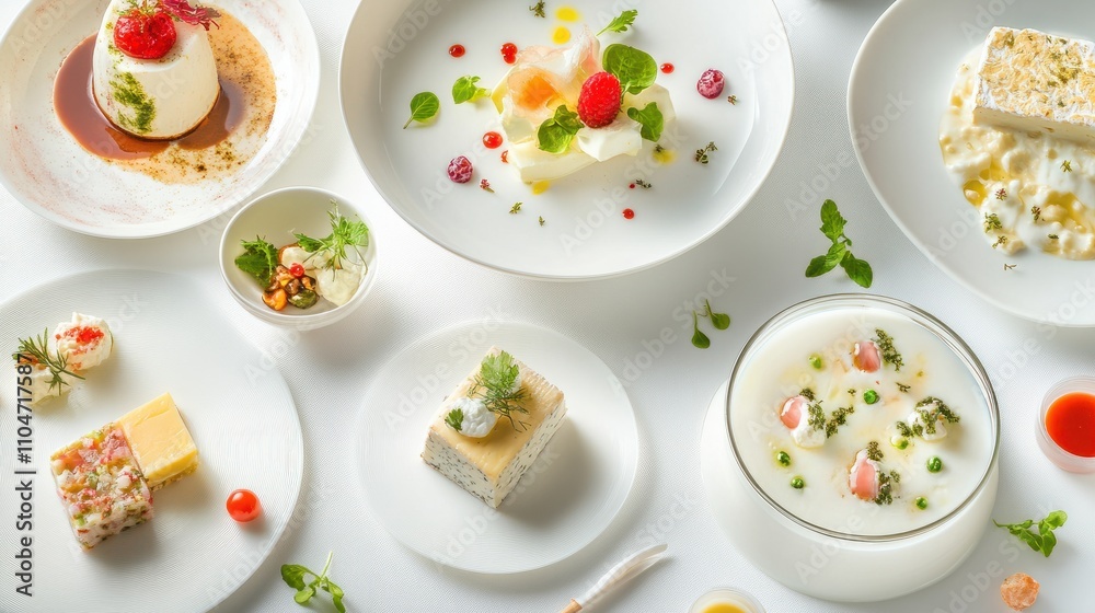 A selection of delicious dairy-based dishes, such as creamy cheese and fresh yogurt, beautifully presented with vibrant colors under soft studio lighting. A selection of delicious dairy-based dishes, such as creamy cheese and fresh yogurt, beautifully presented with vibrant colors under soft studio lighting.
