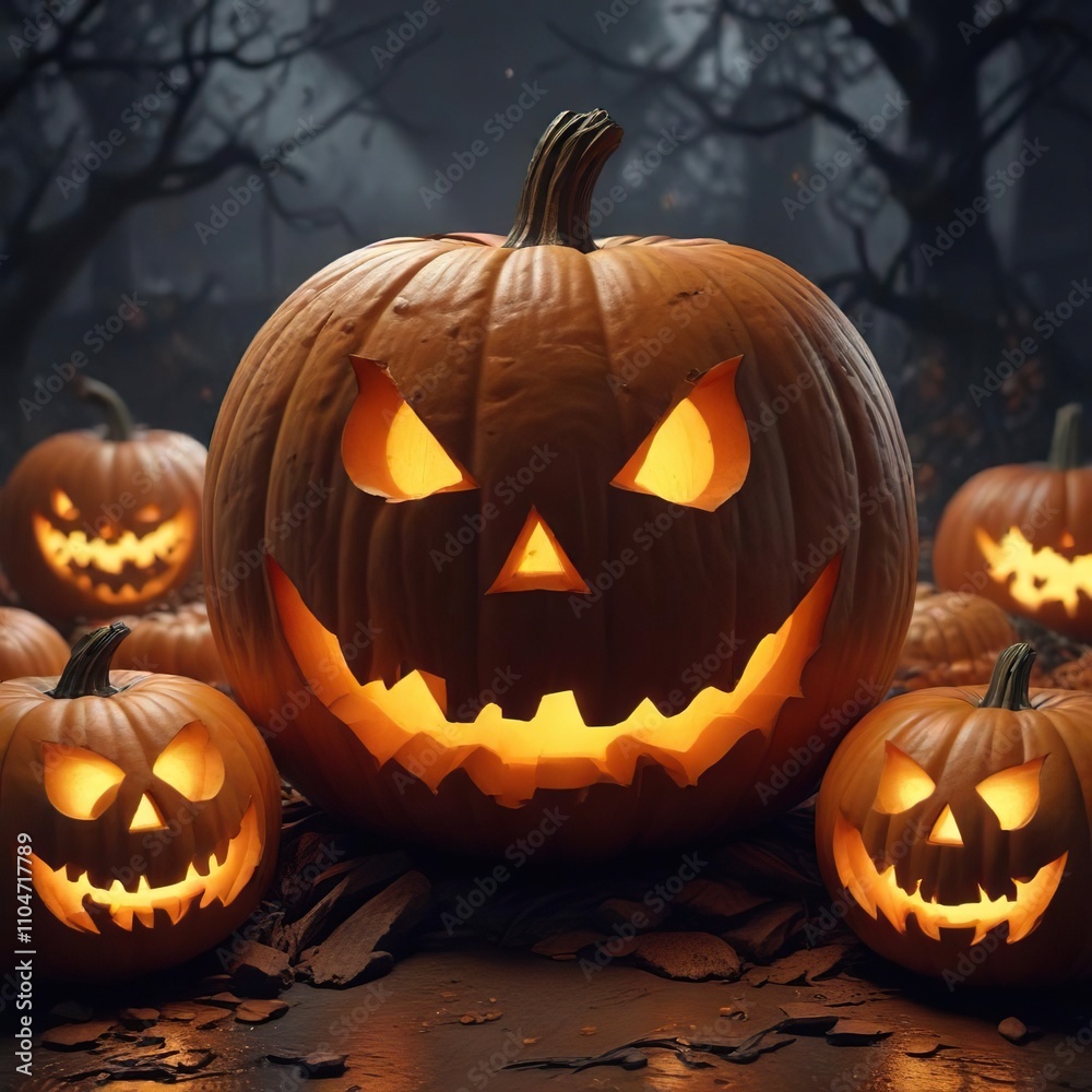 Eerie Halloween typography surrounded by carved pumpkins, October 31st, creepy atmosphere Eerie Halloween typography surrounded by carved pumpkins, October 31st, creepy atmosphere