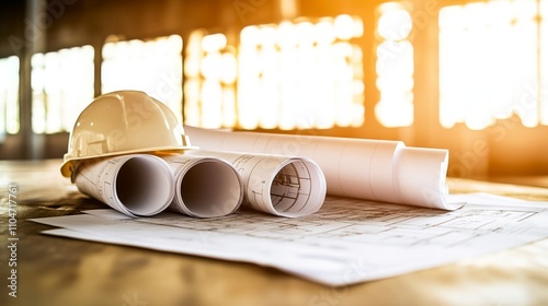 Yellow constructions helmet with paper rolls on blueprint. photo