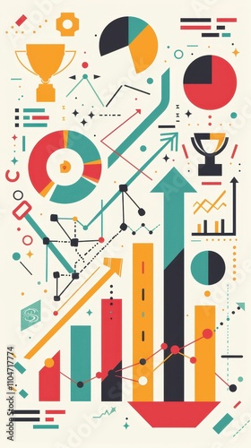 A colorful infographic illustrating growth metrics, charts, and trophies, symbolizing achievement and data analytics.
