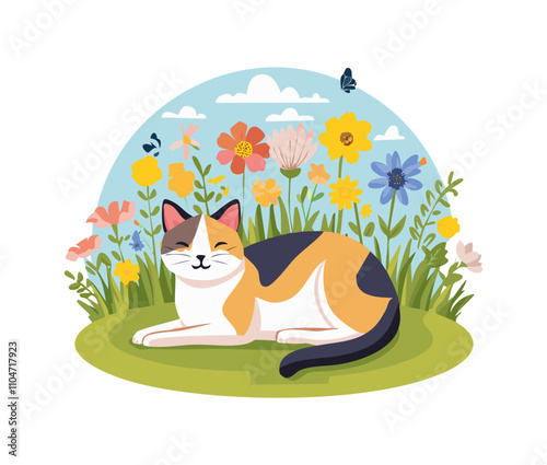 cat lying in a field of wildflowers