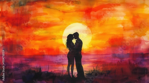 Romantic Watercolor of Couple Kissing at Sunset