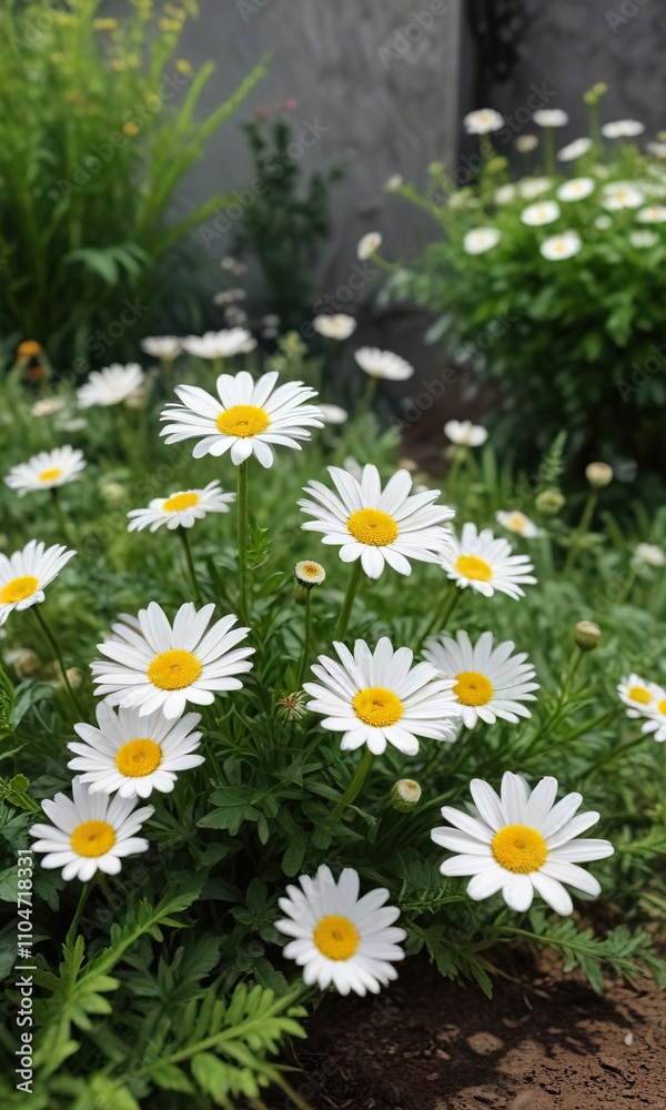 Group of marguerites growing in a garden surrounded by foliage, scenery, growth Group of marguerites growing in a garden surrounded by foliage, scenery, growth