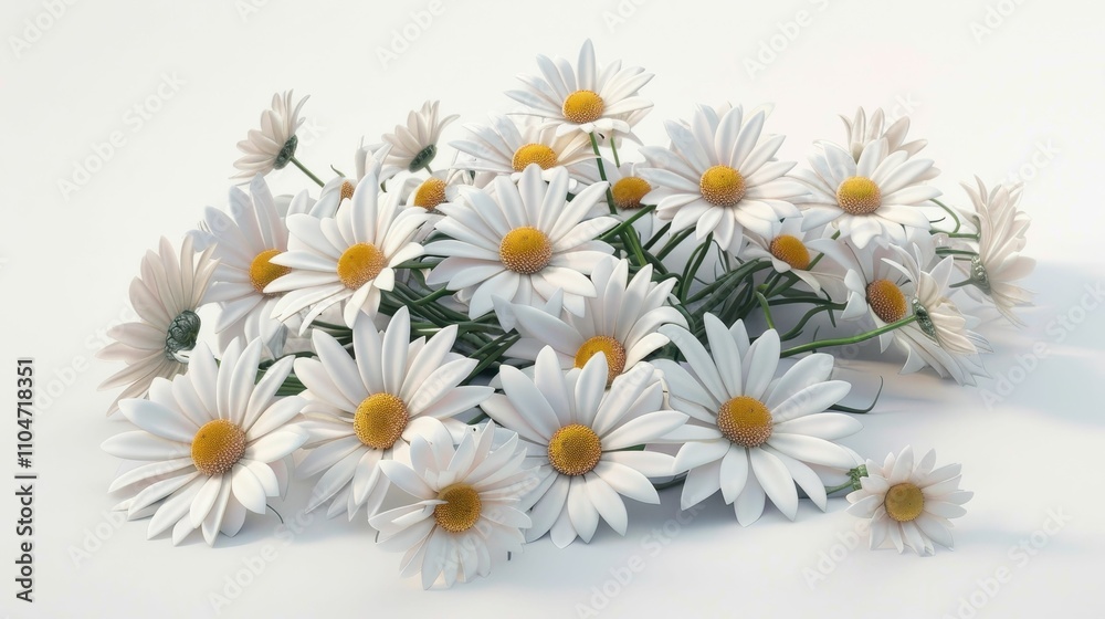 Obraz premium A cluster of white daisies with yellow centers arranged gracefully on a light background, symbolizing purity and freshness.