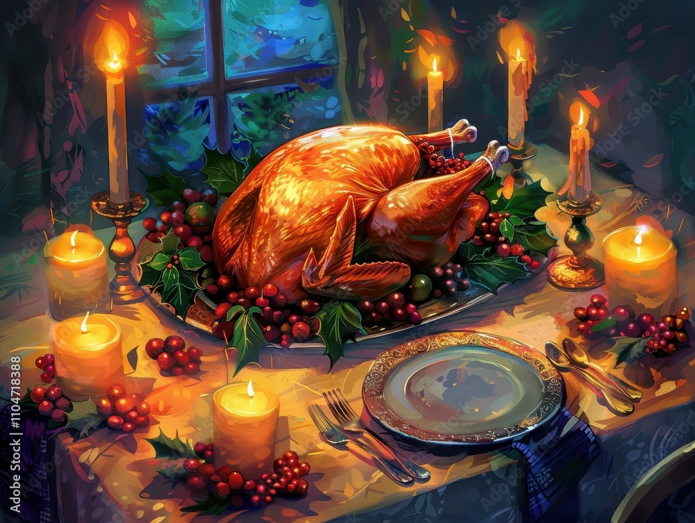 A beautifully set dinner table featuring a golden-brown turkey, surrounded by candles and grapes, creating a warm, festive ambiance. A beautifully set dinner table featuring a golden-brown turkey, surrounded by candles and grapes, creating a warm, festive ambiance.