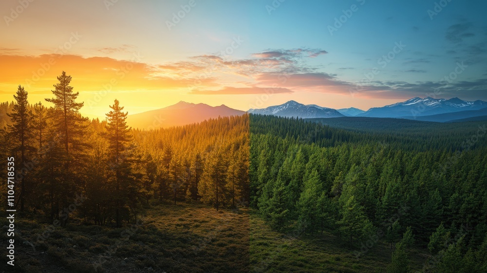 stunning landscape showcasing the transition from sunset to daylight over a serene forest