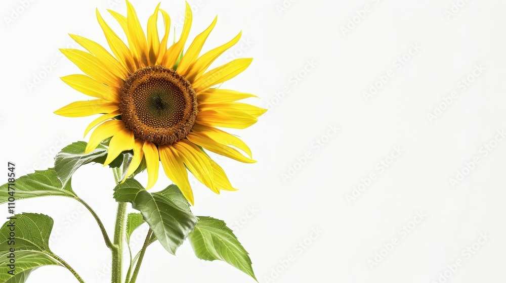 Obraz premium A vibrant sunflower stands tall, showcasing its bright yellow petals and green leaves against a clean, white background.