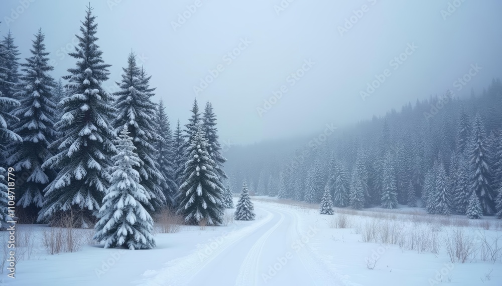 Winters embrace A serene snowy forest path Winters embrace A serene snowy forest path