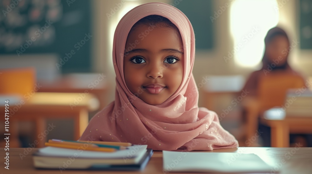 black woman wearing hijab sits attentively at her desk in a classroom, embodying education