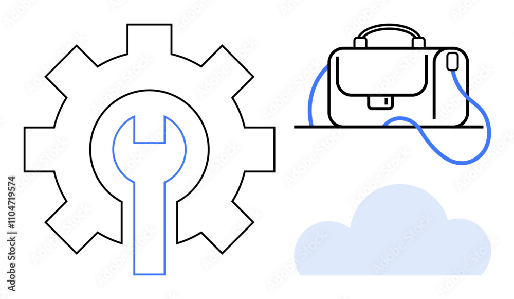 Gear and wrench, briefcase, and cloud. Ideal for technology, business, engineering, online storage, productivity, cloud computing, and digital tools Line metaphor Gear and wrench, briefcase, and cloud. Ideal for technology, business, engineering, online storage, productivity, cloud computing, and digital tools Line metaphor