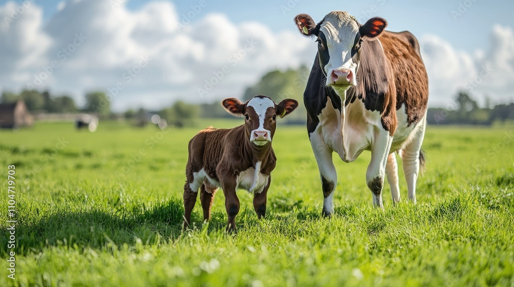 A cow and its calf standing together in a lush green field under a blue sky. A cow and its calf standing together in a lush green field under a blue sky.