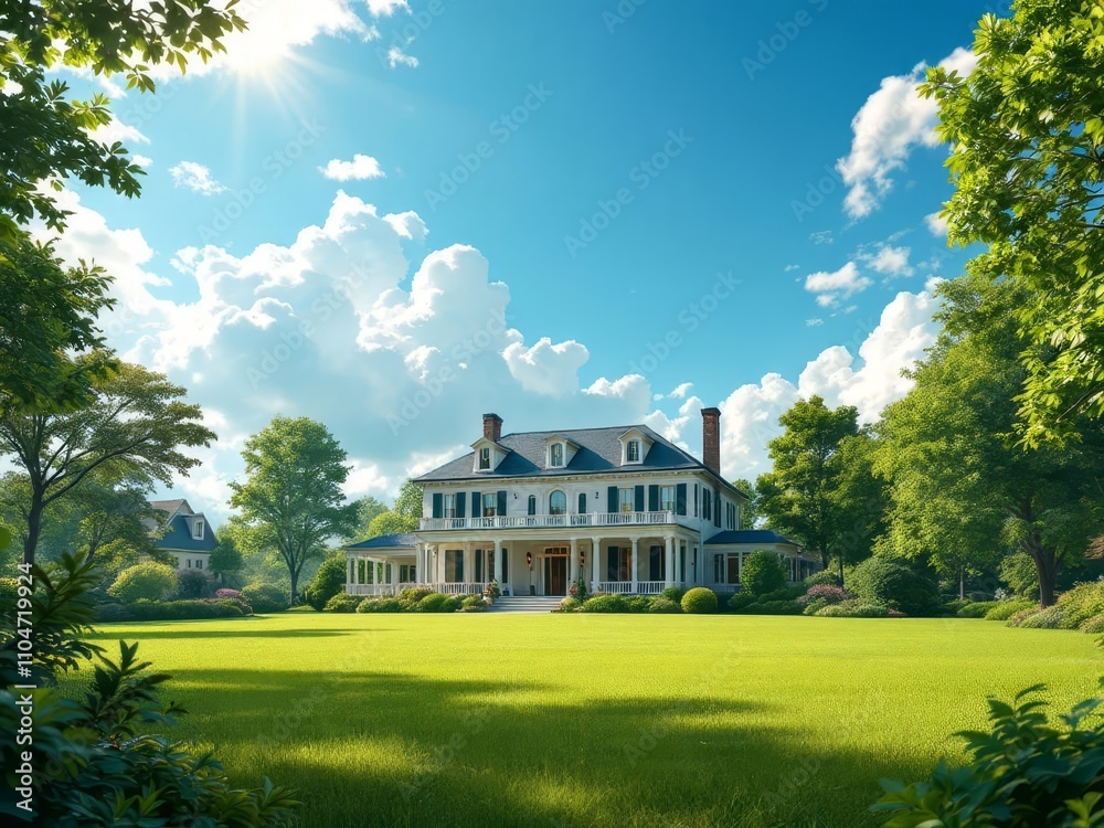 AI-created image of a home lawn, bathed in golden sunlight, angled shot, stunning sky.