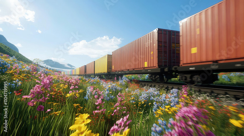 Colorful freight train passing through vibrant flower field under blue sky