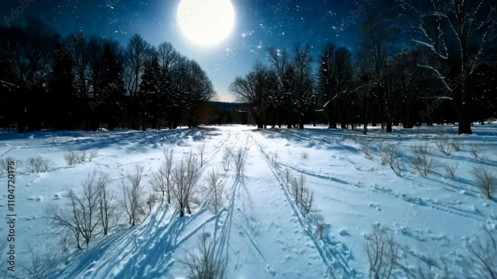 Snowy Meadow Under Full Moon with Bare Trees Snowy Meadow Under Full Moon with Bare Trees