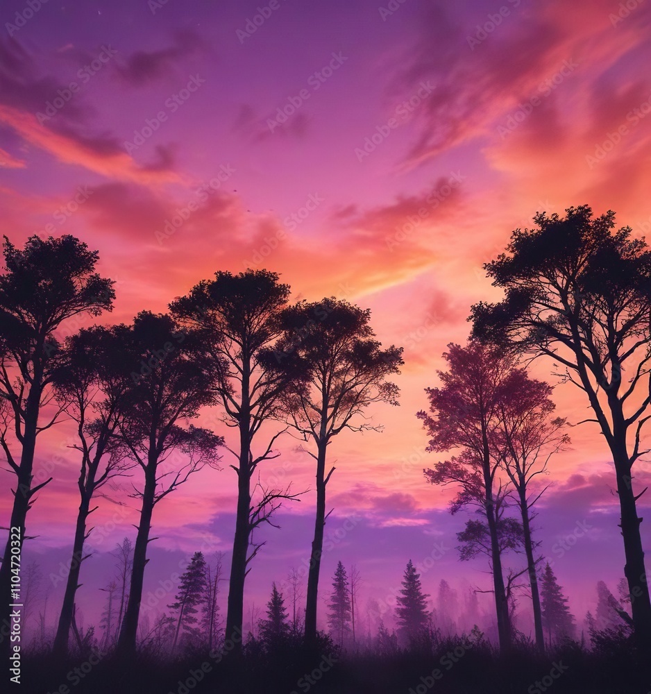 Vibrant orange, pink, and purple sky over silhouette of trees, twilight, gradient, tranquil Vibrant orange, pink, and purple sky over silhouette of trees, twilight, gradient, tranquil
