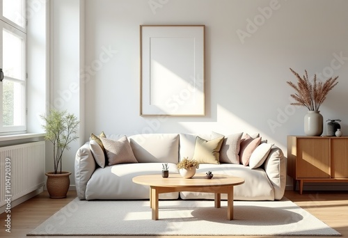 Modern Mid-Century Scandinavian Living Room Bathed in Bright Sunlight with Stylish Furniture and Decor
