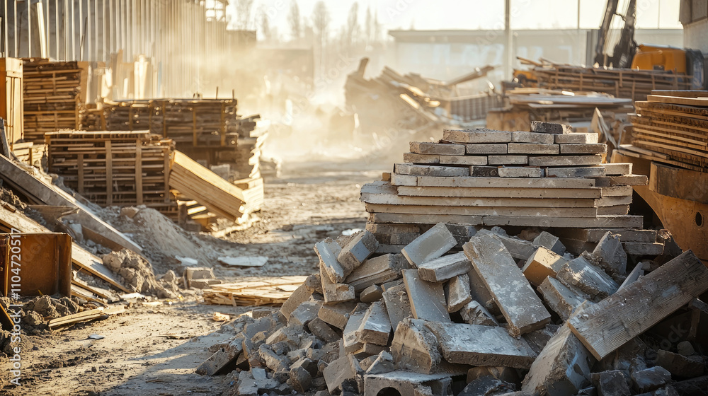 Construction site with stacked materials and dust in air Construction site with stacked materials and dust in air