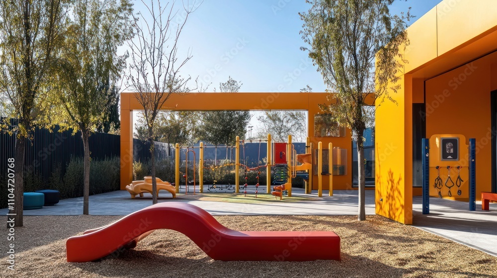 A vibrant playground featuring colorful structures and natural elements in a sunny environment. A vibrant playground featuring colorful structures and natural elements in a sunny environment.