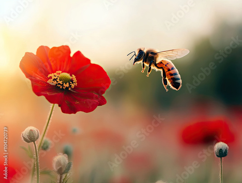 A tiny bee hovering near a bright red flower, soft background
