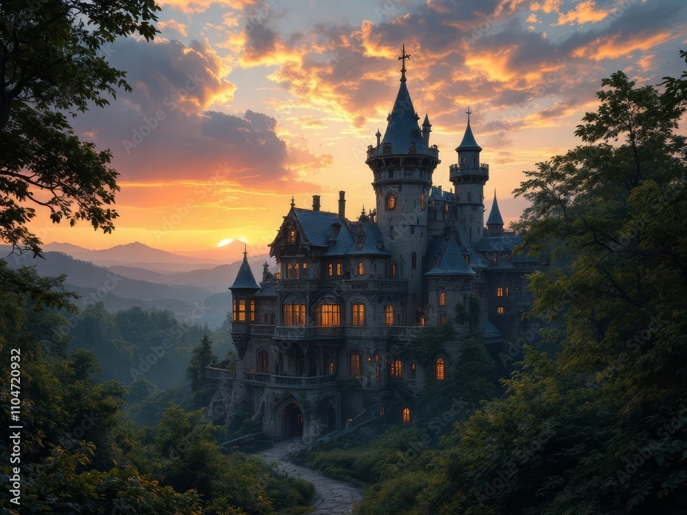 Obraz premium Ancient stone castle, bathed in dusky light.
