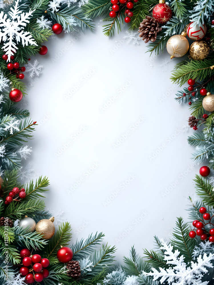 Festive Christmas Background with Ornaments, Snowflakes, and Fir Branches Festive Christmas Background with Ornaments, Snowflakes, and Fir Branches