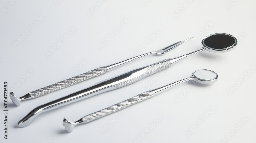 A set of shiny dental tools, including a mirror and scaler, neatly arranged on a white sterile surface, under bright studio lighting for a clean look. A set of shiny dental tools, including a mirror and scaler, neatly arranged on a white sterile surface, under bright studio lighting for a clean look.