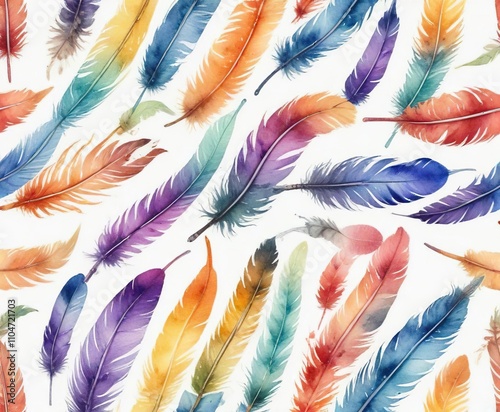 Colorful feather illustrations in watercolor style, isolated, clip art