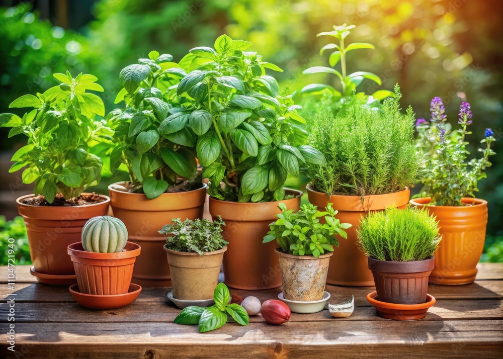 Assorted Fresh Herbs Growing in Pots - Basil, Mint, Rosemary, Thyme, Oregano, Culinary Herbs, Home Gardening, Urban Gardening, Greenery, Healthy Living, Assorted Fresh Herbs Growing in Pots - Basil, Mint, Rosemary, Thyme, Oregano, Culinary Herbs, Home Gardening, Urban Gardening, Greenery, Healthy Living,