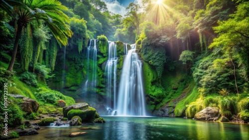 High and majestic fantasy waterfall surrounded by lush green tropical foliage in a jungle setting, waterfall, fantasy, high