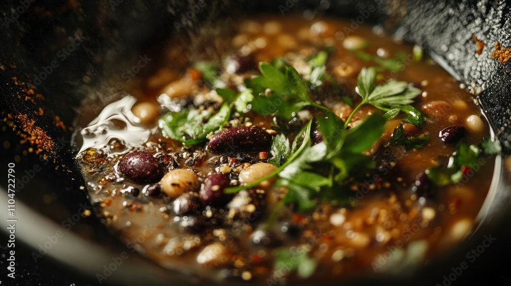 Close-up of a bean-based dish, garnished with fresh herbs and spices, captured in rich detail and vivid color under soft, studio lighting. Close-up of a bean-based dish, garnished with fresh herbs and spices, captured in rich detail and vivid color under soft, studio lighting.