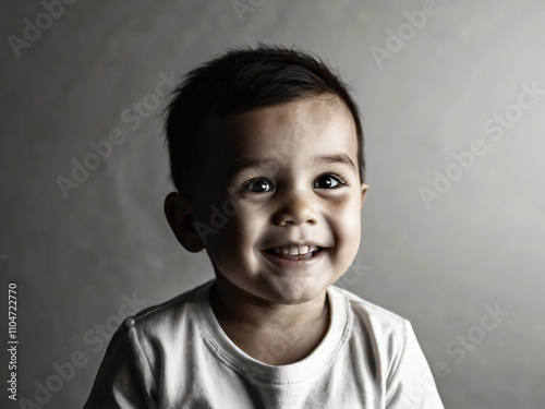 A joyful baby smiles brightly in a simple, plain background.