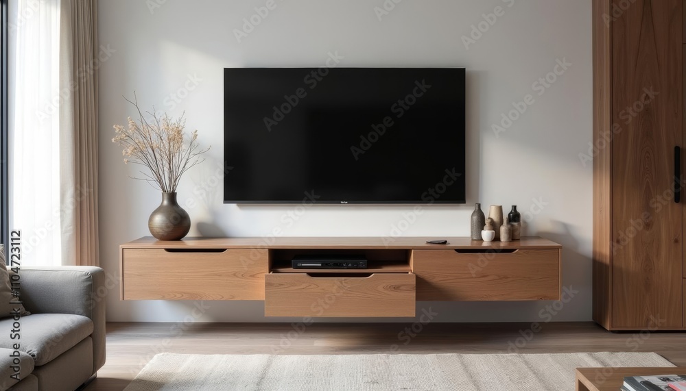 Fototapeta premium Modern living room with minimalist decor and large TV