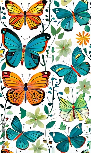 Brightly colored butterflies perched on delicate blossoms, evoking a sense of tranquility and beauty. Perfect for greeting cards, nature-themed decor, digital designs, print, wallpapers.