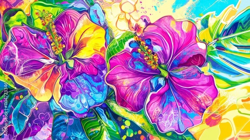 Vibrant Tropical Hibiscus Flowers in Bright Colorful Background © Plaifah