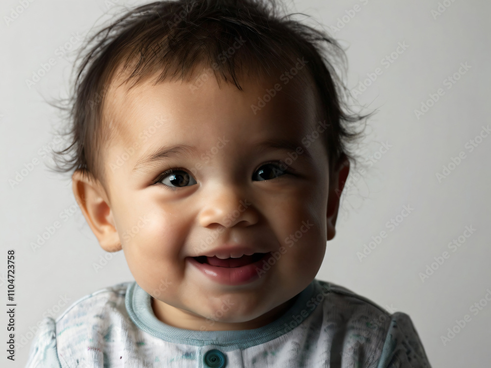 A joyful baby smiles brightly in a simple, plain background. A joyful baby smiles brightly in a simple, plain background.