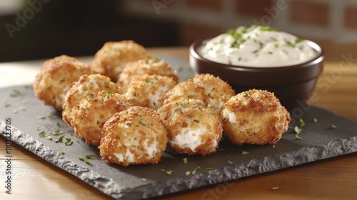 Delicious Crispy Fried Cheese Balls with Dipping Sauce on Slate