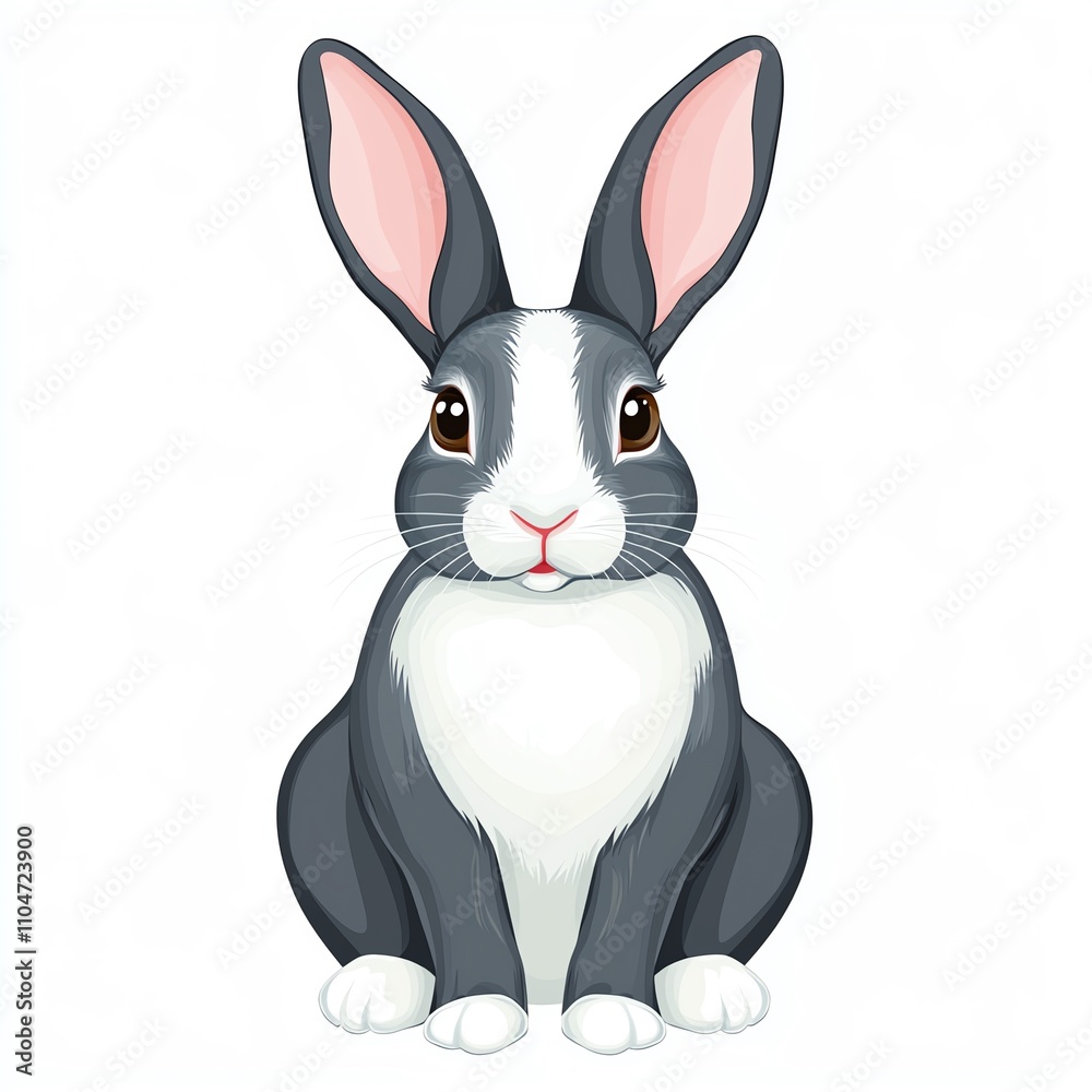 A cute, cartoon-style rabbit with gray and white fur, large ears, and bright eyes, sitting calmly against a white background.