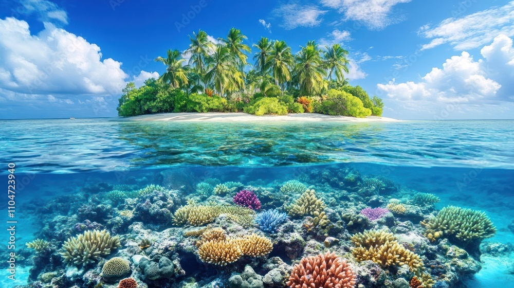 A vibrant tropical island above and a colorful coral reef below, showcasing marine beauty.