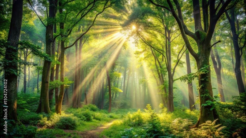 Obraz premium Enchanted forest with dense foliage and rays of sunlight filtering through the trees , mysterious, magical, woods, mystical