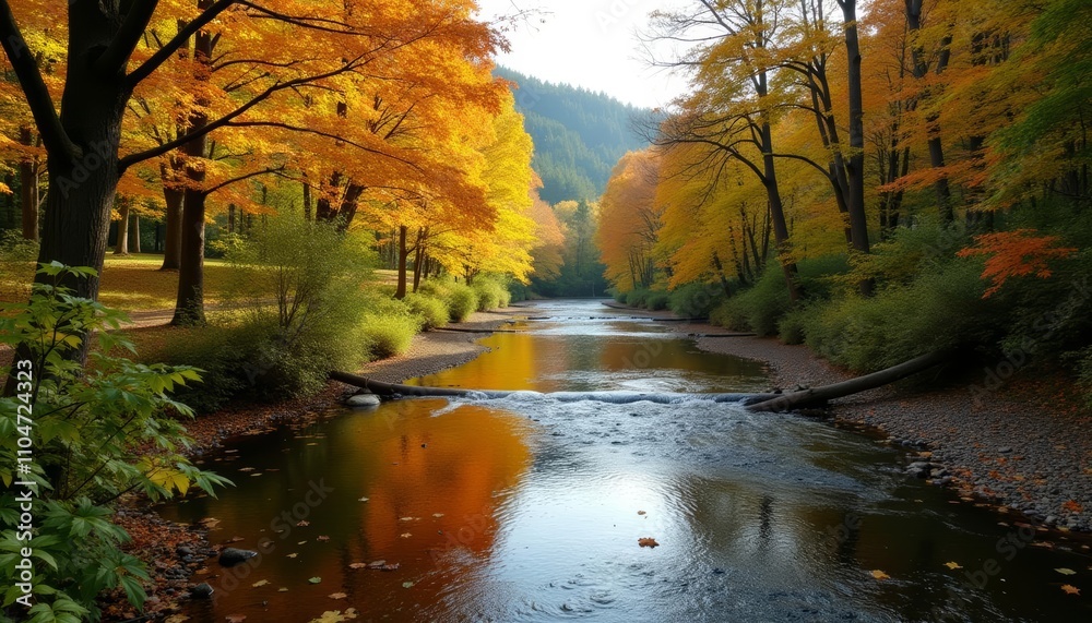 Obraz premium Autumns tranquil embrace A serene river meandering through a vibrant forest