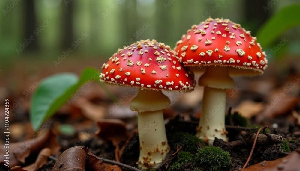 Natures vibrant artistry A pair of red and white mushrooms in the forest Natures vibrant artistry A pair of red and white mushrooms in the forest