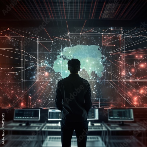 person analyzing data on a futuristic interface with digital maps and connections