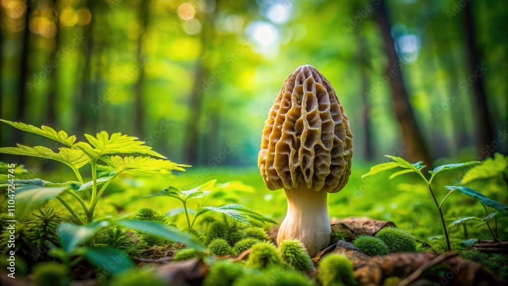 Close-Up of Morchella esculenta: Long Exposure of Edible Morel Mushroom in Lush Greek Forest Setting Close-Up of Morchella esculenta: Long Exposure of Edible Morel Mushroom in Lush Greek Forest Setting