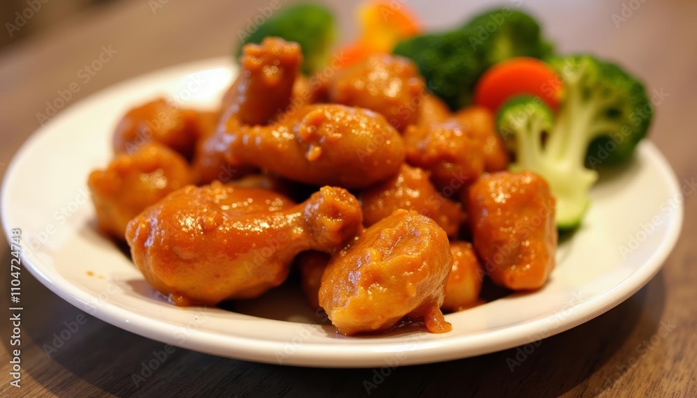 Deliciously saucy chicken bites with fresh broccoli and carrot sides Deliciously saucy chicken bites with fresh broccoli and carrot sides