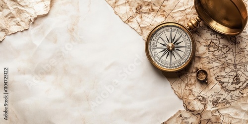 Antique compass on aged map with blank paper.