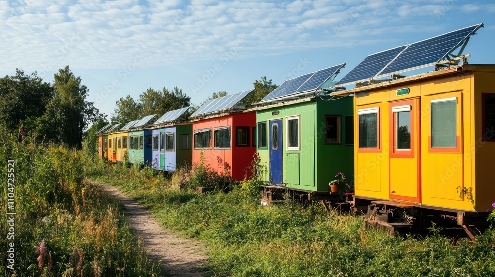 Colorful eco-friendly cabins with solar panels in a natural setting. Colorful eco-friendly cabins with solar panels in a natural setting.