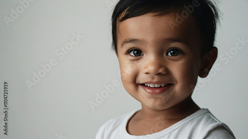 A joyful baby smiles brightly in a simple, plain background.