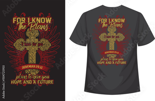 Back view of a black t-shirt with a religious design. Features a re d cross with wings and a biblical quote about hope and future. Ideal for apparel, religion, or typography designs