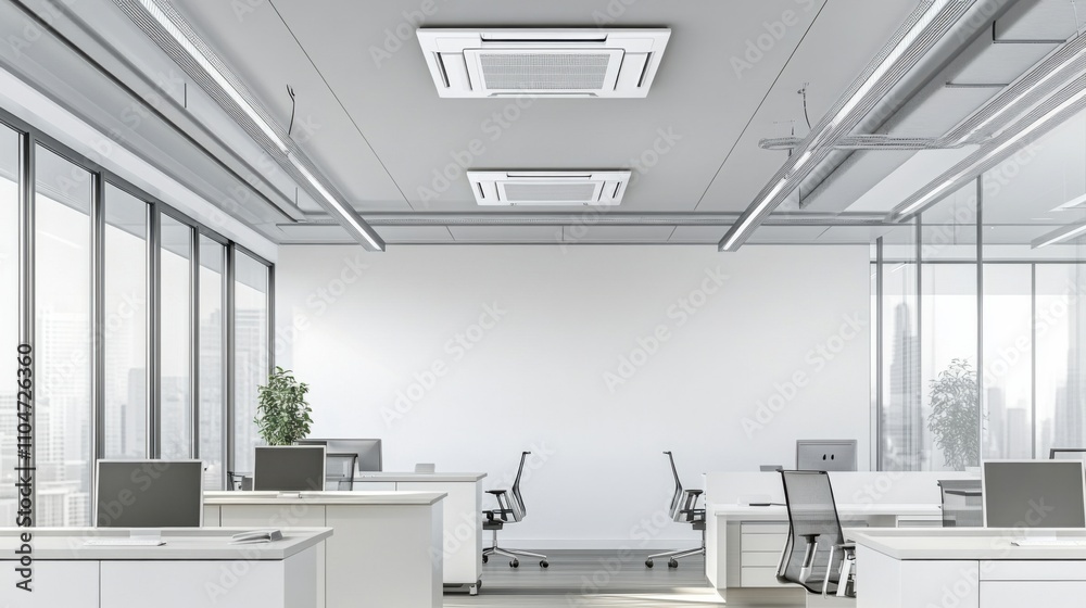 A high-tech AI-powered climate control system, modern office environment with advanced temperature and humidity control units, Sustainable style A high-tech AI-powered climate control system, modern office environment with advanced temperature and humidity control units, Sustainable style