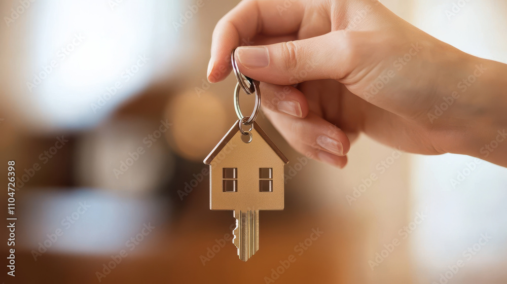 Hand holding house shaped keychain with key, symbolizing home ownership